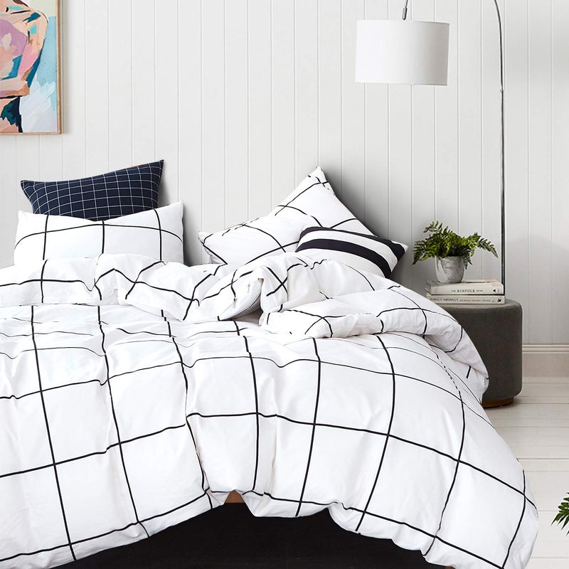 CLOTHKNOW White Grid Queen Comforter Set 3Pcs Plaid Bedding Comforter Sets Geometric Comforter Soft White Comforter with 2 x Pillow Cases - Image 3